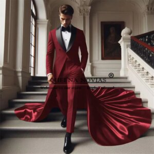 Male Fashion Groom Wedding Suits Long Black Shawl Lapel Prom Blazer Customized Man Banquet Dinner Party Men Tuxedo ropa hombre