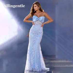 Allingentle Charming Mermaid Prom Dress Strapless Light Blue Sequin Lace Appliques with Bow Formal Evening Dress Customized