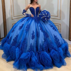 Royal Blue Shiny Quinceanera Dresses Off Shoulder Ball Gown Sweet 16 Dress Beads Appliques Flower Tull Birthday Party Vestidos15