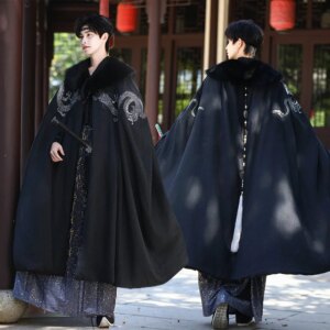Chinese Style Double Heavy Embroidery Cloak Men’s Fleece-lined Thickened Oversized Fur Collar Clothing plus Size Han for Men