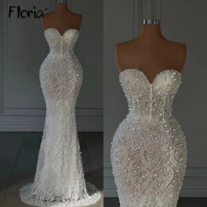 Gorgeous Mermaid Sweetheart Prom Dress Customized More Pearls Crystal Beading Evening Dress Corset Back Wedding Party Gown