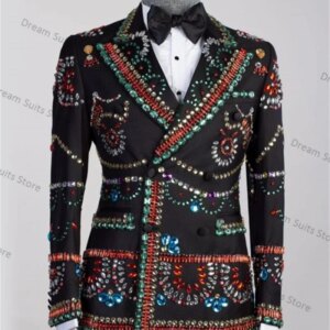 Colorful Crystals Men Suit Pants Set 2 Piece Blazer+Trousers Customized Office Business Jacket Groom Prom Wedding Tuxedo Coat