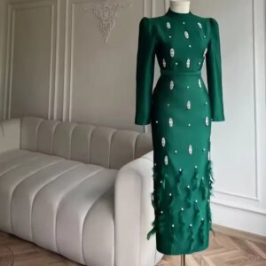 Green Long Sleeves Beaded Bespoke Occasion Gown Evening Dresses Pastrol Unisex Jersey Retro Dubai Saudi Arabic Prom Customized