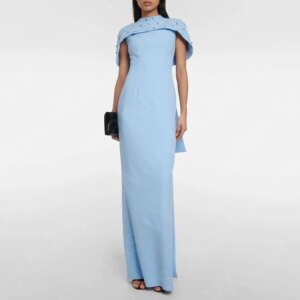 New Modest Sky Blue Evening Dresses Short Sleeves Prom Party Gowns High Neck 2024 Beaded Wedding Guest Dresses Arabic On Sale