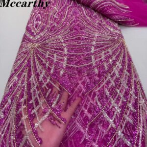 New Rose color Latest Africa Embroidered Tulle Net Fabric Luxury Beads High Quality Luxury Sequins Net Lace Evening Party Dress