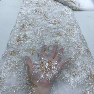African Luxury Sequins Lace Fabrics Latest Beaded Groom Embroidery French Mesh Lace Fabrics Material For Party Wedding Jy