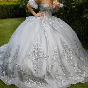 Customized Silvery Quinceanera Dresses Ball Gown Off Shoulder Appliques Lace Bow Beads Corset Sweet 16 Dress Vestidos 15 de anos