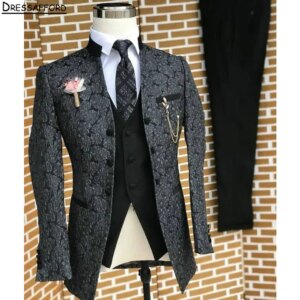 Black Jacquard Men Business Formal Occasion Tuxedos Grooms Wedding Party Prom Male Suit 3 Piece Set Blazer Vest Pants