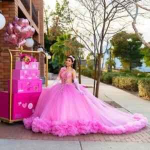 Customized Shiny Pink Off Shoulder Quinceanera Dress Tull applique 3D flower Crystal Long tail Bow vestidos de 15 Quinceanera