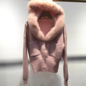 Autumn Winter New Women Knitted Jacket Elegant Ladies Real Fox Fur Collar Hooded Coat Single Breasted Slim Fit Knitwear Cardigan