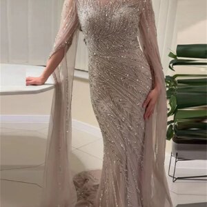 Luxury Dubai Beaded Nude Evening Dresses Long Cape Sleeves Sparkly Sequin Mermaid Wedding Dress Celebrity vestidos de novia 2025