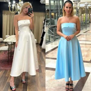 Evening  Sexy Casual  Satin Sequined Ruched Prom A-line Strapless Bespoke Occasion Gown Midi Dresses