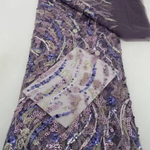Luxury Beaded Sequin Lace Fabric Nigerian Lace Fabric 2025 High Quality Lace Purple Embroidered Fabric For Women Evening W456-1