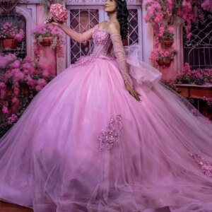 Customized Pink Off Shoulder Quinceanera Dres applique Tull Lace 3D flower Diamond jewelry Big Bow vestidos de 15 Quinceanera 