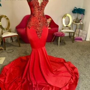 Cheery Red Crystal Beading Long Prom Dresses For Black Girls African Mermaid Birthday Evening Party Gown Robe De Bal Customized