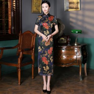 High Quality 2024 New Improved Double Silk Cheongsam Qipao Vintage Print Ethnic Daily Young Long Real Gown