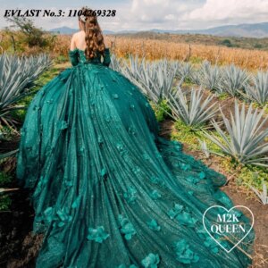 EVLAST Customized Green Quinceanera Dress Off Shoulder Ball Gown Floral Applique Beads Corset Sweet 16 Vestidos De 15 Anos E3Q16