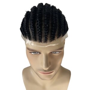 Vietnamese Virgin Human Hair Systems 1# Jet Black Cornrow Braids 8×10 Full PU Toupee Skin Unit for Black Men
