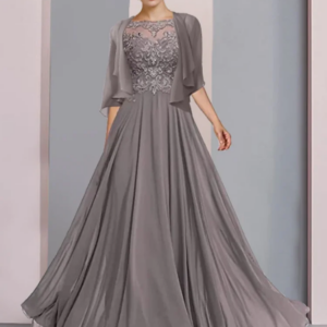 A-Line Mother of the Bride Dress Formal Wedding Guest Neck Floor Length Chiffon Lace Half Sleeve Wrap Included with Pleats