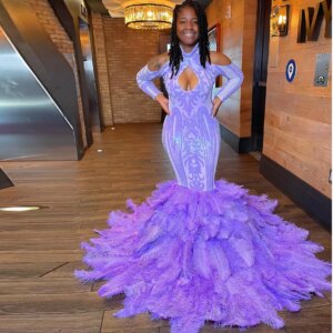 Purple Prom Dresses For Black Girl Sequined Feathers Graduation Party Evening Dress Robes De Soirée Customized