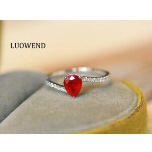 LUOWEND 100% 18K White Gold Rings Luxury INS Style Shiny Diamond Natural Ruby Engagement Ring for Women High Party Jewelry