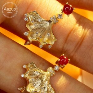 Aazuo 18k Solid Yellow Gold Natural Ruby 0.5ct Real Diamond Luxury Leaves Stud Earring Gifted For Women Engagement Wedding Party