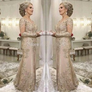 Plus Size Mother Of The Bride Dresses Mermaid V-neck Long Sleeves Appliques Beaded Long Groom Mother Dresses For Wedding