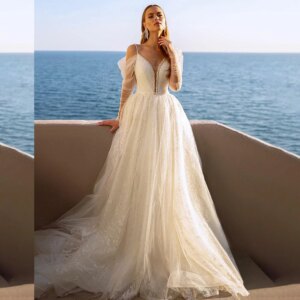 vestido de novias Shiny Spaghetti Straps Tulle Beaded Wedding Dress for Women A-line Backless Court Bridal Gown Wedding Party