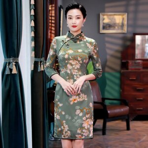 Cheongsam Qipao Women Dress Spring New High Quality Real Silk 3/4 Sleeve Improved Printing plus Size