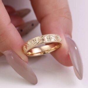 Provence 18K Yellow Gold Milgrain Edge Band Flower And Branch Engraving Men Women’s Engagement Ring Romantic Gift