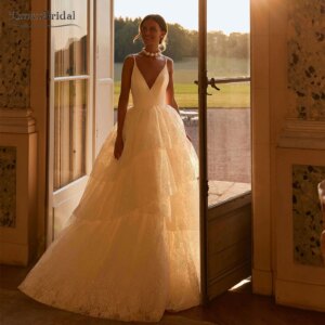 Striking A Line Wedding Dress With Luxurious Voluminous Skirt . V-Neck Vintage Bridal Gowns DW944