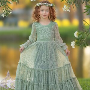 Customized Green Flower Girl Dresses Pageant Gown for Wedding Lace Appliques Floor Length Birthday Party First Communion Gowns