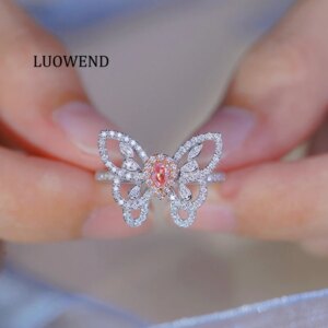 LUOWEND 100% 18K White Gold Rings Elegant Butterfly Shape Real Natural Pink Diamond Engagement Ring for Women Luxury Jewelry