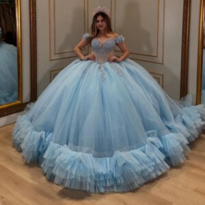 Sky Blue Shiny Off Shoulder Quinceanera Dresses Applique Lace Beading Crystal Tull Tiered Corset Party Birthday Sweet 16 Dress