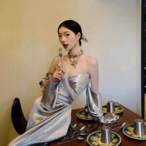 Bridesmaid dress tube top high waist puff skirt birthday silver satin French evening dress party dresses women evening