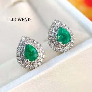 LUOWEND 100% 18K White Gold Earrings Luxury Diamond Natural Emerald Stud Earrings Elegant Style High Party Jewelry for Women