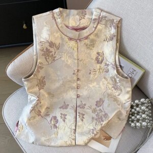 New Chinese style improved national jacquard brocade gold cardigan heavy embroidery plate waistcoat