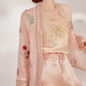 New Chinese style embroidery piece lace beaded chain silk coat women sequin top