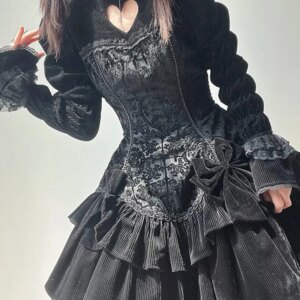 Dark Gothic Lolita Flocking Dress OP Lolita Hollow Out Sweet Cool Bunny Halloween Princess Dress