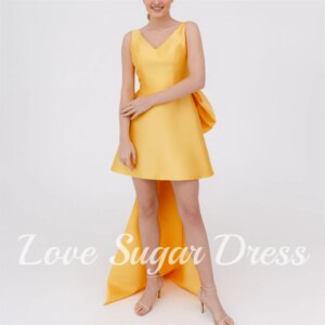 A Line Mini Evening Dress For Women V Neck Back Detachable Big Bow Prom Dresses Satin Formal Party Gowns Short Cocktail Dress