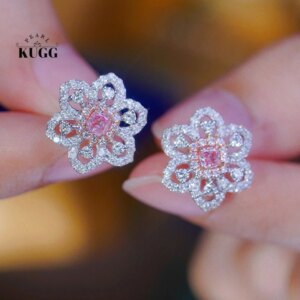 KUGG 100% 18K White Gold Earrings Luxury Flower Design Real Natural Pink Diamond Stud Earrings for Women High Party Jewelry