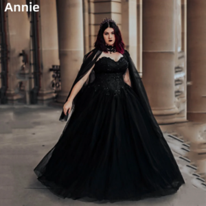 Annie Gothic Black Wedding Dress Embroidered Shawl Tulle Luxury Prom Dresses Elegant Lady In Corset Bespoke Occasion Dresses
