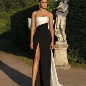 Simple Large Bow Evening Dress Bandeau High Slit Sexy Prom Premium Sense Black And White Contrast Satin Gown 2024CL-635