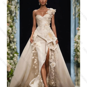 White Elegant One Shoulder Evening Dress Satin Slit 3D Lace Appliques Robes De Soirée Customized Dresses