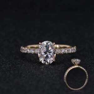 Oval Shape With DEF VVS 6x8mm Gemstone Moissanite Stone With Lab Diamond Pave 10k Solid Yellow Gold Wedding Ring