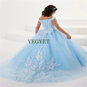 CustomizedEnchanting Sky Blue Flower Girl Dress: Lace Applique & Fluffy Tulle with Bow | Wedding, First Communion, Birthday Prin