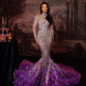 Purple Feathers Beaded Mermaid Long Evening Dress Exquisite Crystal Wedding Party Gown New Customized High Collar Prom Dresses