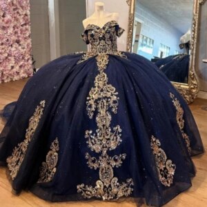 High Quality Navy Blue Quinceanera Dress Off Shoulder Sequined Applique Ball Gown Women Prom Birthday Party Dress 15 Customized
