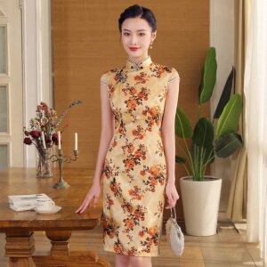 Summer High Quality Real Silk Vintage Stand Collar Mid-Length Improved Printed Cheongsam Qipao Women’s Dress