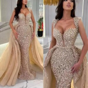 Luxury Mermaid Prom Dresses For Black Girls Sweetheart Lace Pearls Beaded Evening Gowns Women Formal Party 2 In 1 Style Dresses